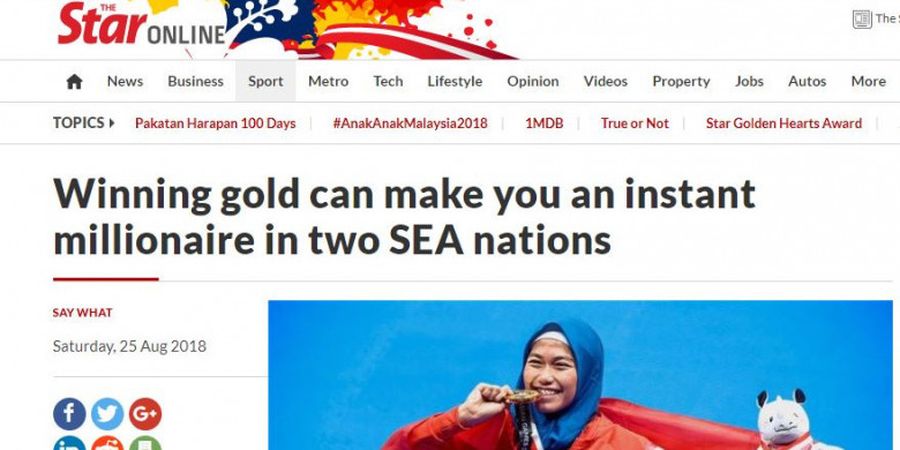 Media Malaysia Soroti Hadiah Menggiurkan yang Diterima Atlet Indonesia di Asian Games 2018
