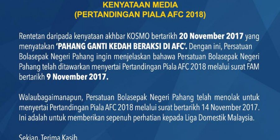 Pahang FA Tolak Tawaran dari FAM untuk Gantikan Kedah FA di Piala AFC 2018