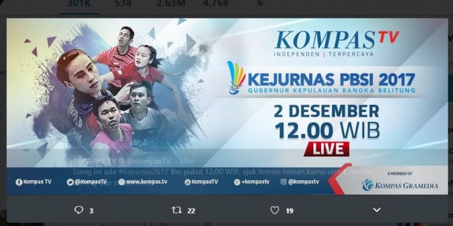 Jadwal Siaran Langsung Final Kejurnas PBSI 2017 di Kompas TV  Sabtu, 2 Desember 2017