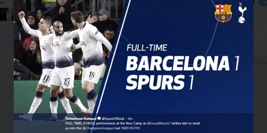 Hasil Barcelona Vs Tottenham - Gol Lucas Moura Pastikan Spurs Lolos Babak 16 Besar Liga Champions