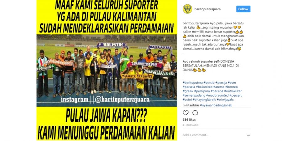 Suporter Sepak Bola Kalimantan Deklarasikan Perdamaian, Pulau Jawa Kapan? 