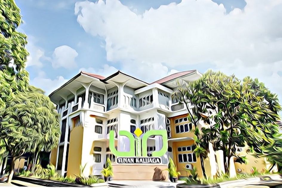 UIN Sunan Kalijaga campus architecture with students walking on the main road