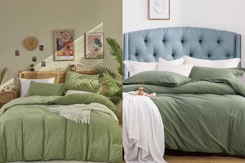 Mix and Match Bed Cover Warna Hijau Sage di Kamar Tidur Minimalis