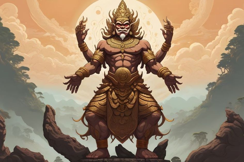  Batara Guru, the supreme god in Javanese mythology, is depicted with a muscular golden body, wearing a golden headdress and armor, standing atop a rock in front of a mountainous landscape with a large moon behind him, and is surrounded by a radiant light.