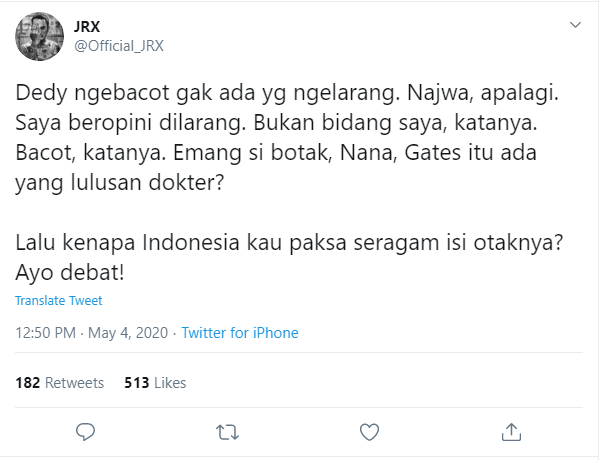 Tak Ada Yang Menyalahkan Deddy Corbuzier Saat Beropini Tentang Konspirasi Corona Jerinx Kesal Karena Opininya Menjadi Bulan Bulanan Warganet Ayo Debat Semua Halaman Grid Fame