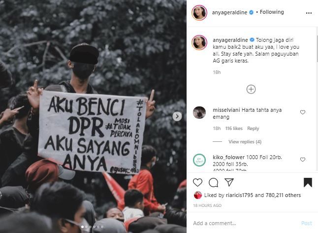 Di Tengah Aksi Demo Omnibus Law Yang Memanas Nama Selebgram Ini Bikin Adem Para Demonstran Anya Geraldine Salam Paguyuban Ag Garis Keras Semua Halaman Grid Id