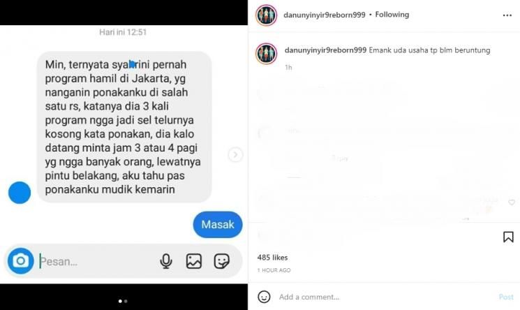 Sebuah DM di Instagram yang membocorkan bahwa Syahrini menjalani tiga kali program hamil di Jakarta.