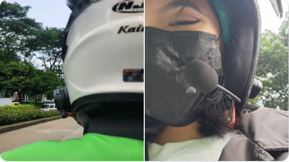 Wanita penumpang ojol dibuat takjub, driver ojol ini pakai intercom helm untuk berkomunikasi.
