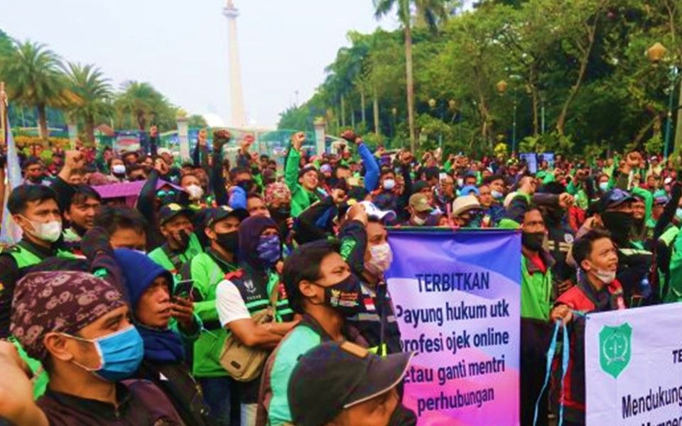 Ilustrasi aksi unjuk rasa yang dilakukan  para drver ojol yang menolak penerapan jalan berbayar DKI Jakarta.