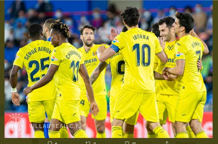 Para pemain Villarreal rayakan gol ke gawang Getafe dalam duel Liga Spanyol, Sabtu (16/4/2022).