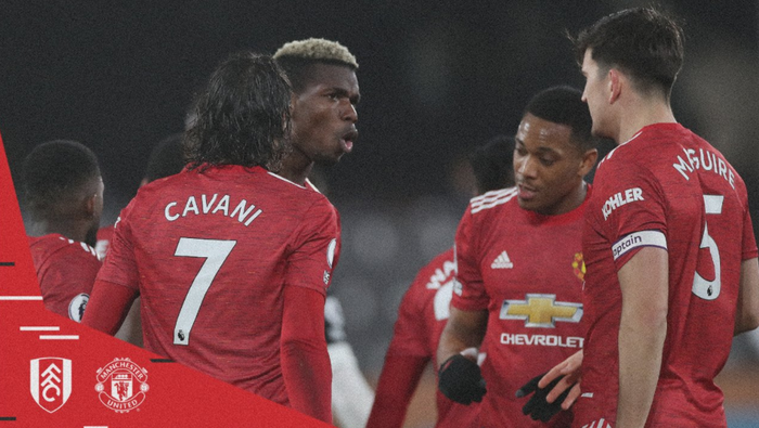 Para pemain Manchester United merayakan gol Paul Pogba di laga melawan Fulham