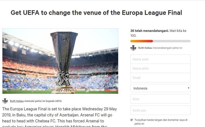 Fan meluncurkan petisi yang meminta UEFA memboikot final Liga Europa di Baku.