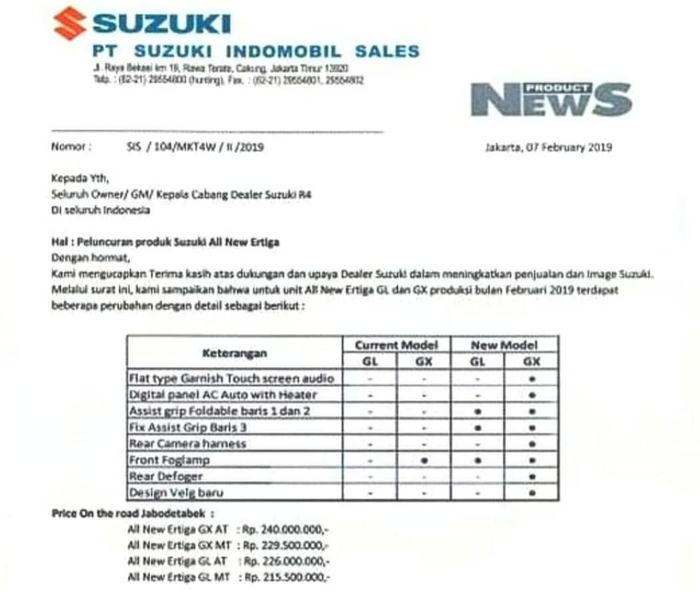 Dokumen yang bocor mengenai All New Ertiga yang bakal ditambahkan fitur di tahun ini