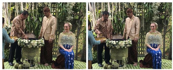 Tampilan Bambang Trihatmodjo kala menjalani prosesi siraman nujuh bulan Varsha Strauss dan Panji Trihatmodjo, tanpa Mayangsari
