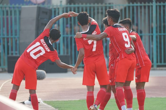 Selebrasi Marselino Ferdinan usai cetak gol pertama timnas U-22 Indonesia atas Filipina dalam kemenangan 3-0 di fase grup SEA Games 2023