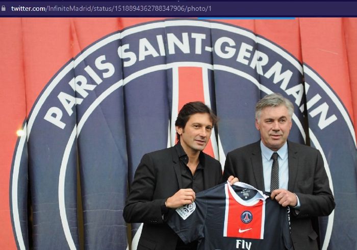 Carlo Ancelotti (kanan) saat diresmikan menjadi pelatih Paris Saint-Germain pada Desember 2011.