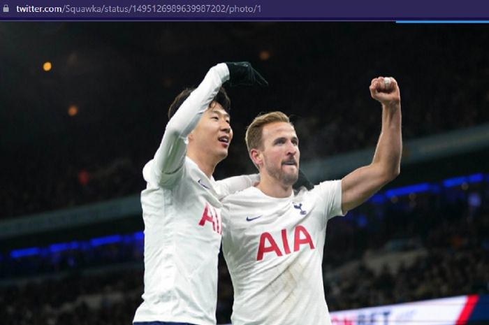 Selebrasi kemenangan Son Heung-min dan Harry Kane pada laga Manchester City melawan  Tottenham Hotspur di Liga Inggris, Sabtu (19/2/2022) atau Minggu dini hari WIB 