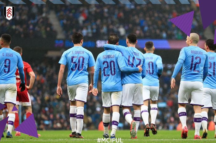 Para pemain Manchester City merayakan kemenangan ats Fulham dalam partai Piala FA di Etihad Stadium, Minggu (26/1/2020).