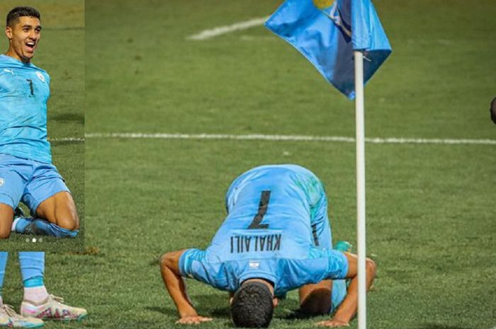 Anan Khalaili bersujud seusai mencetak gol ke gawang Brasil, 3 Juni 2023 di San Juan, Argentina. Pemain muslim ini sukses membawa Timnas Israel ke semifinal Piala Dunia U-20 2023.