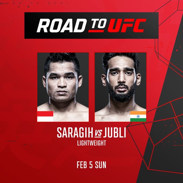 Poster pertarungan final kelas ringan Road to UFC antara jagoan Indonesia, Jeka Saragih lawan Anshul Jubli.