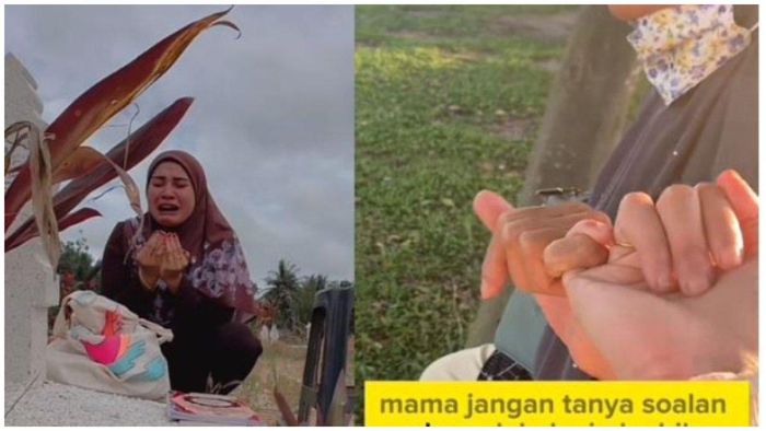 Anak menangis di depan makam ibu.