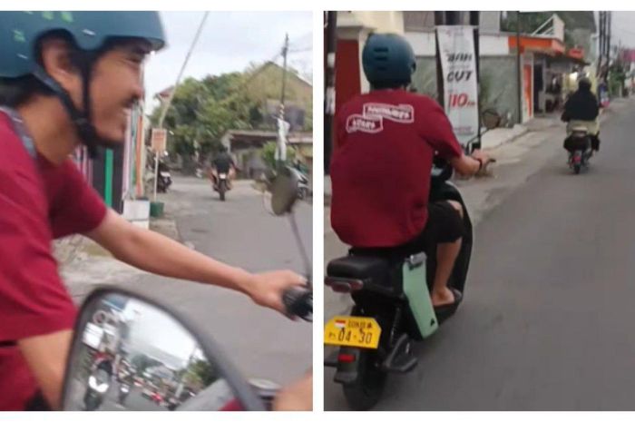 Potret Duta Sheila On 7 naik motor listrik di jalanan.