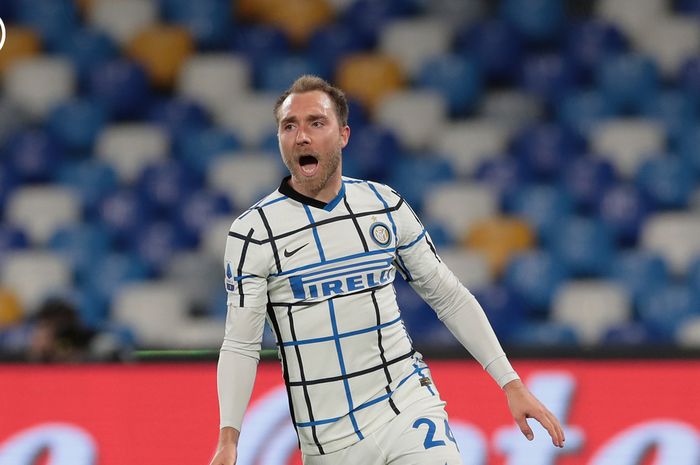 Gelandang serang Inter Milan, Christian Eriksen, saat merayakan gol kontra Napoli di Liga Italia 2020-2021.