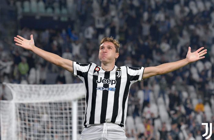 Federico Chiesa merayakan gol yang dicetaknya dalam laga Juventus vs Chelsea di Liga Champions, Rabu (29/9/2021) di Juventus Stadium.