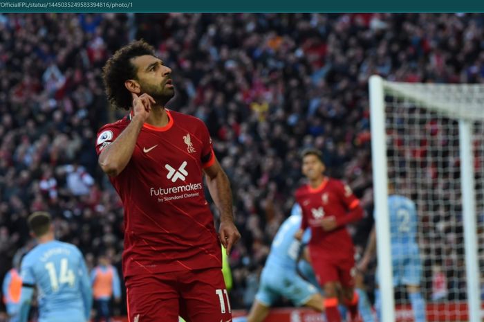 Momen selebrasi Mohamed Salah usai mencetak gol ke gawang Manchester City pada laga pekan ketujuh Liga Inggris 2021-2022.