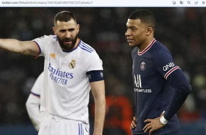 Karim Benzema (kiri) dan Kylian Mbappe (kanan) dalam laga antara Real Madrid dan Paris Saint-Germain di Liga Champions 2021-2022.