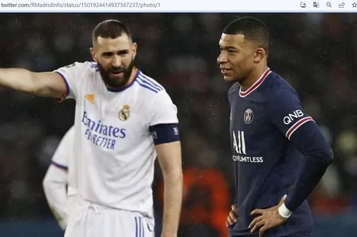 Karim Benzema (kiri) dan Kylian Mbappe (kanan) dalam laga antara Real Madrid dan Paris Saint-Germain di Liga Champions 2021-2022.