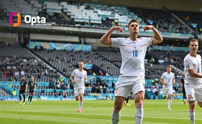 Selebrasi striker Republik Ceska, Patrik Schick usai mencetak gol ke gawang Kroasia lewat sepakan penalti matchday kedua EURO 2020 Grup D di Stadion Hampden Park, Glasgow, Skotlandia pada Jumat (18/6/2021).