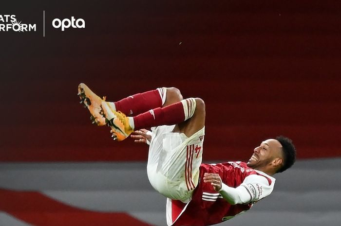 Selebrasi <a href='https://manado.tribunnews.com/tag/pierre-emerick-aubameyang' title='Pierre-Emerick Aubameyang'>Pierre-Emerick Aubameyang</a> saat menjebol gawang Newcastle United, dalam laga pekan ke-19 Liga Inggris, Senin (18/1/2021).