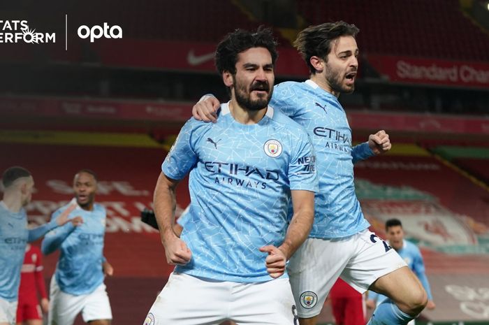 Gelandang Manchester City, Ilkay Guendogan (kiri), merayakan gol ke gawang Liverpool dalam laga Liga Inggris di Stadion Anfield, Minggu (7/2/2021).