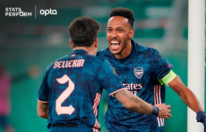 Pemain Arsenal, Pierre Emerick-Aubameyang, melakukan selebrasi usai mencetak gol ke gawang Rapid Wien pada laga Liga Europa, Kamis (22/10/2020) pukul 23.55 WIB.