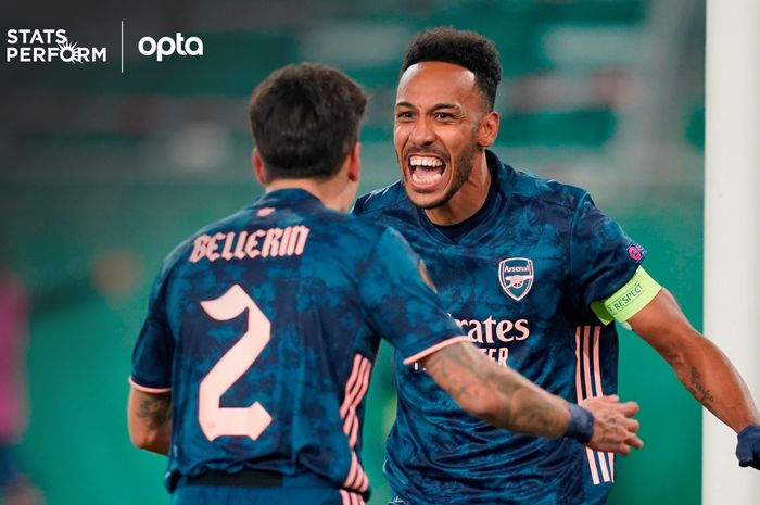 Pemain Arsenal, Pierre Emerick-Aubameyang, melakukan selebrasi usai mencetak gol ke gawang Rapid Wien pada laga Liga Europa, Kamis (22/10/2020) pukul 23.55 WIB.