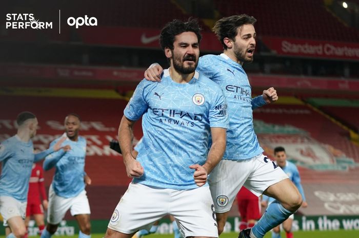 Gelandang Manchester City, Ilkay Guendogan (kiri), merayakan gol ke gawang Liverpool dalam laga Liga Inggris di Stadion Anfield, Minggu (7/2/2021).