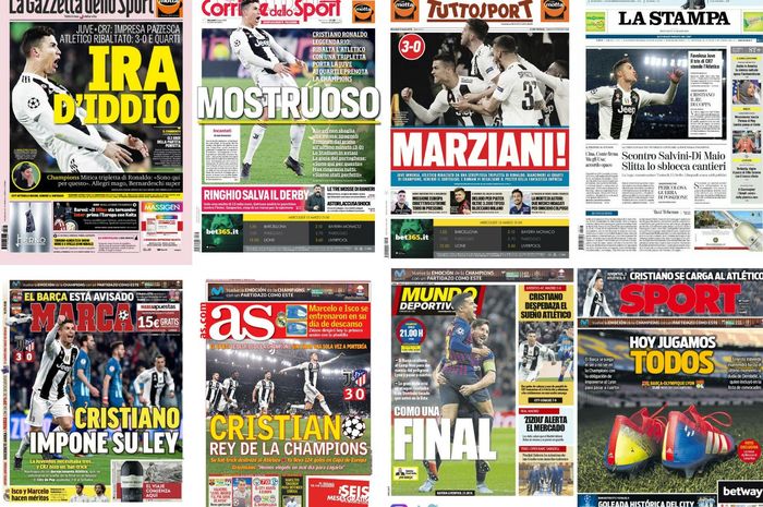 Headline media-media Eropa setelah aksi Cristiano Ronaldo yang mencetak tiga gol untuk membantu Juventus lolos ke perempat final Liga Champions setelah mengalahkan Atletico Madrid, Minggu (13/3/2019) dini hari WIB.