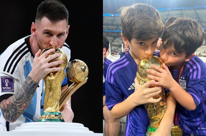 Antonela Roccuzzo, mengunggah foto sang suami, Lionel Messi dan kedua putranya, Thiago dan Mateo mencium trofi juara Piala Dunia 2022.