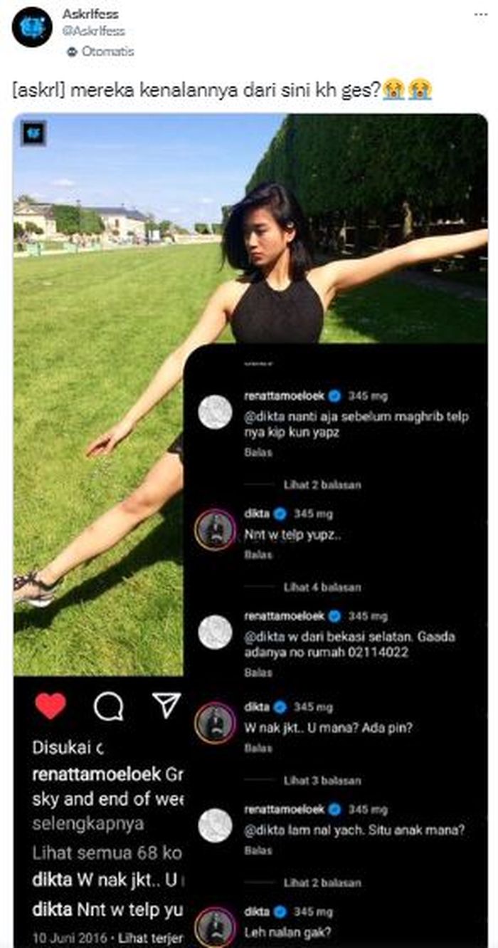 Postingan akun Twitter @Askrlfess yang memuat percakapan Dikta dan Chef Renatta Moeloek