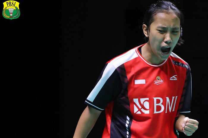 Tunggal putri Indonesia, Mutiara Ayu Puspitasari, memenangi final Kejuaraan Asia Junior 2023 di GOR Amongrogo, Yogyakarta, 16 Juli 2023.