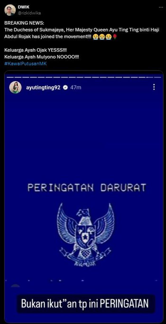 Postingan akun X @rizkidwika yang membagikan unggahan Ayu Ting Ting