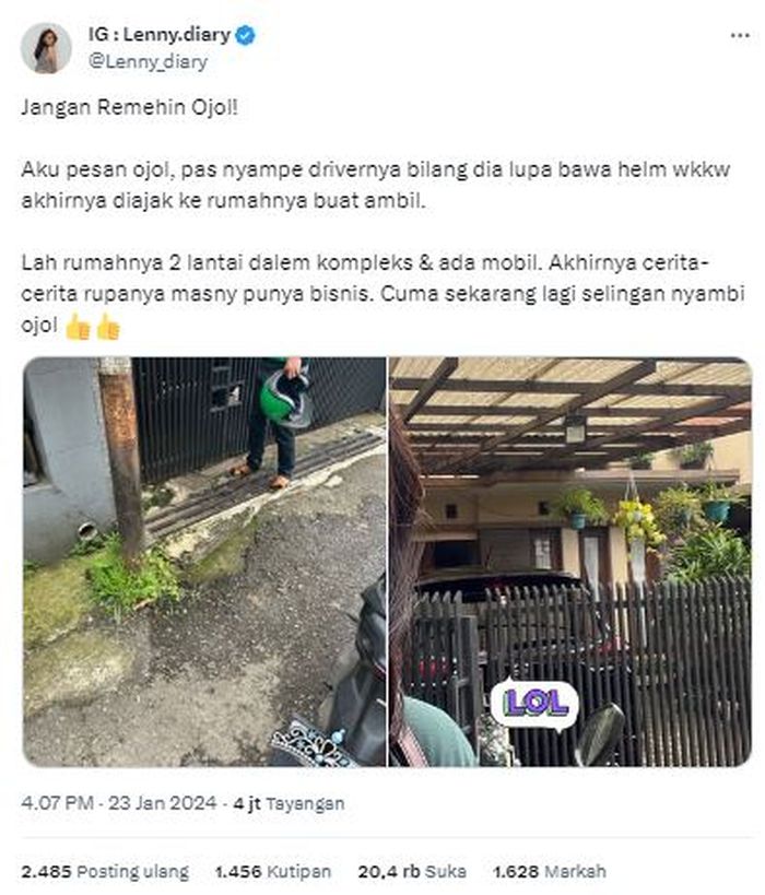 Viral kisah wanita yang kaget driver ojol yang menjemputnya ternyata kaya dan punya rumah mewah