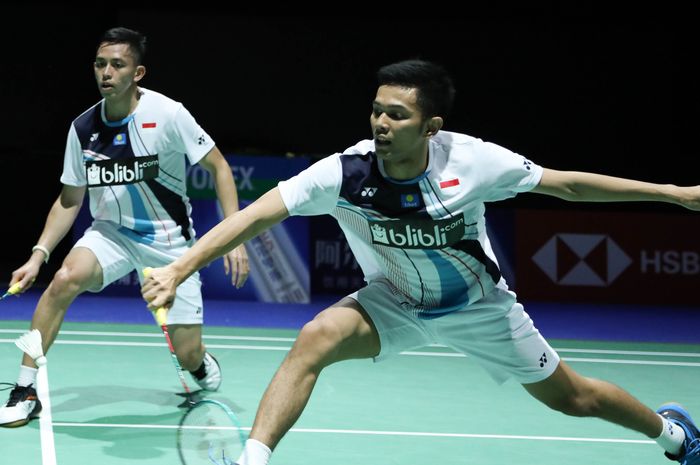 Fajar Alfian/Muhammad Rian Ardianto saat berlaga pada babak kedua Kejuaraan Dunia 2019, di St. Jakobshalle Basel, Swiss, Rabu (22/8/2019).