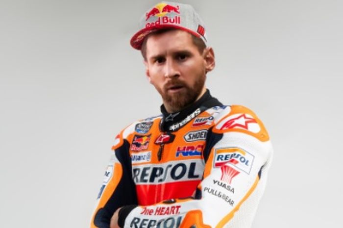 Penampakan Lionel Messi berbalut seragam Repsol Honda.