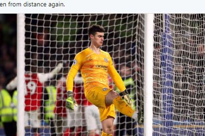 Ekspresi kiper Chelsea, Kepa Arrizabalaga, dalam laga Liga Inggris melawan Arsenal di Stadion Stamford Bridge, Selasa (21/1/2020).