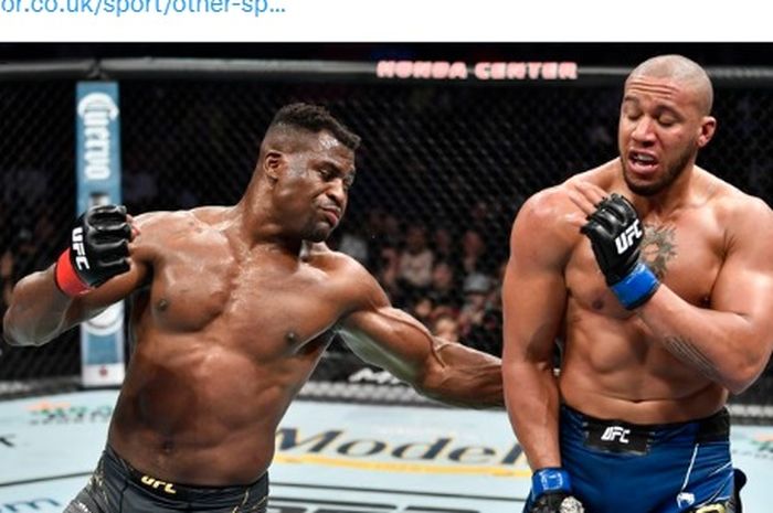 Momen pertarungan Francis Ngannou (kiri) dan Ciryl Gane (kanan) pada UFC 270, Minggu siang (23/1/2022) WIB.