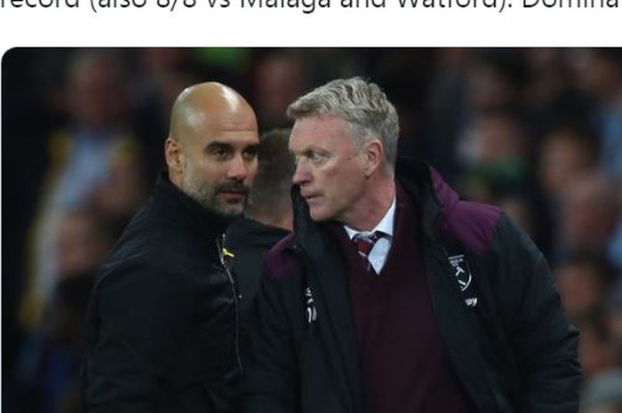 Pelatih Manchester City, Pep Guardiola (kiri), dan pelatih West Ham United, David Moyes.