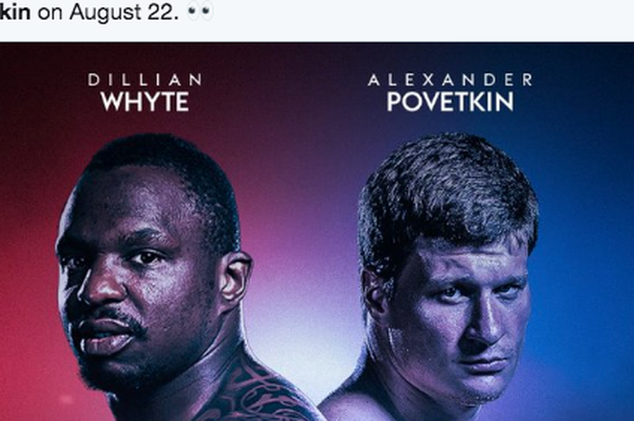 Poster pertandingan antara juara interim kelas berat WBC Dillian Whyte (kiri) dan Alexander Povetkin (kanan) pada 22 Agustus 2020. 