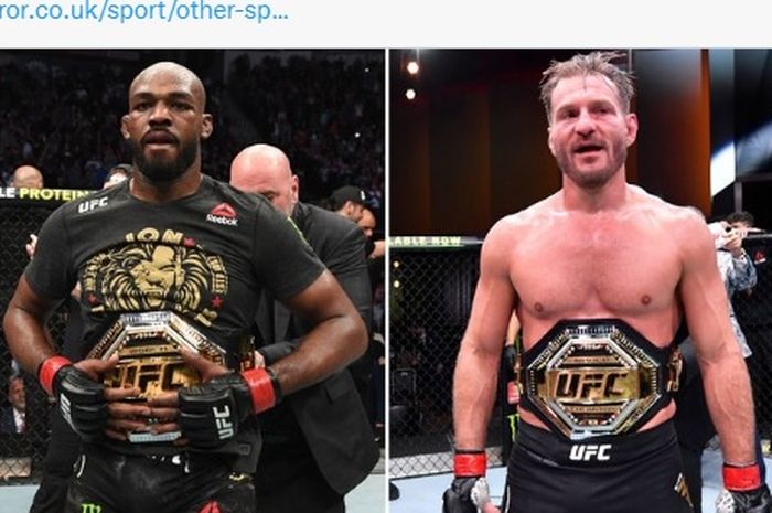 Montase, Stipe Miocic (kanan) yang dianggap terlalu berbahaya bagi Jon Jones (kiri).